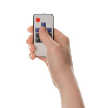 Beyaz arka planda modern ışıklandırma uzaktan kumandalı kadın, yakın plan