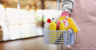 Evde farklı temizlik malzemeleri ve ürünleri olan bir kadın, yakın plan. Metin için pankart tasarımı ve boşluk