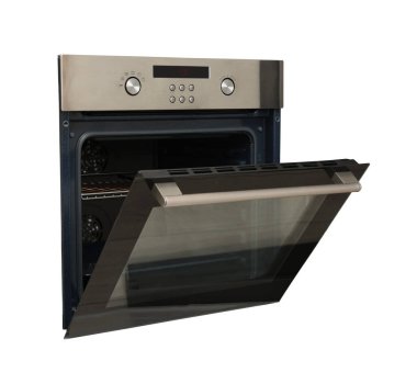 Açık elektrikli fırın beyaza izole edilmiş.