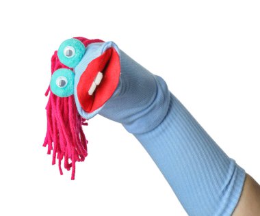 Beyaz arka planda sergilenecek şirin çorap kuklası