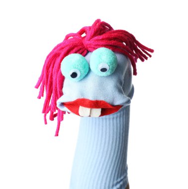 Beyaz saçlı, komik çorap kuklası.