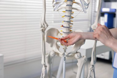 Doktor klinikteki insan iskeleti parçalarına işaret ediyor.