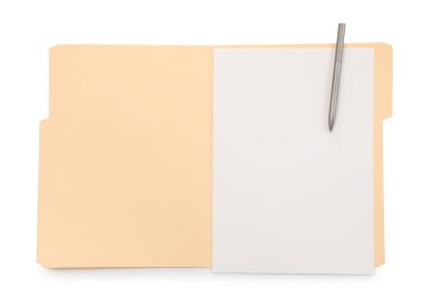 Kağıt dosya dizinini boş sayfa ve kalem ile beyaz, üst görünümde aç