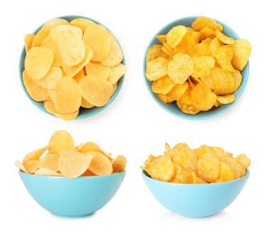 Beyaza izole edilmiş kolaj kasesinde nefis çıtır patates cipsi. Üst ve yan görünümler