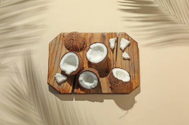 Taze hindistan cevizleri ve gölgeler bej arka planda tropikal palmiyeler tarafından oluşturuldu.