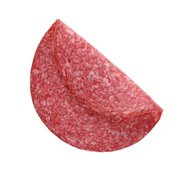 Beyaz üzerine izole edilmiş lezzetli füme sosis dilimi.