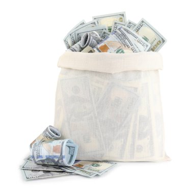 Dolar banknotları olan para çantası beyaza izole edilmiş.