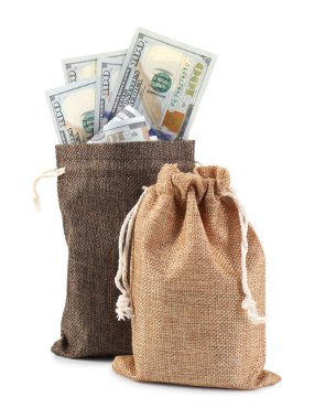 Para çantaları ve dolar banknotları beyaza izole edilmiş.