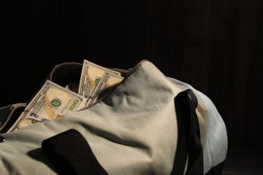 Koyu arka planda dolar banknotları olan çanta, yakın plan