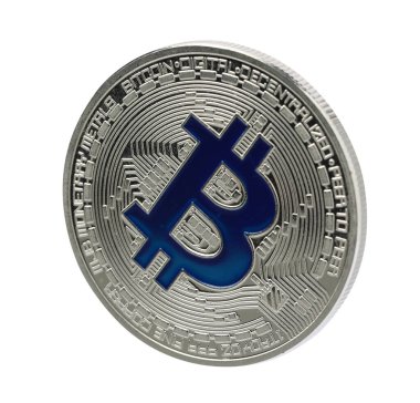 Kripto para birimi. Beyaz üzerine izole edilmiş gümüş bir bitcoin