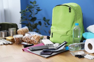 Hayatta kalma kiti. İçerideki ahşap masada farklı acil durum malzemeleri var.