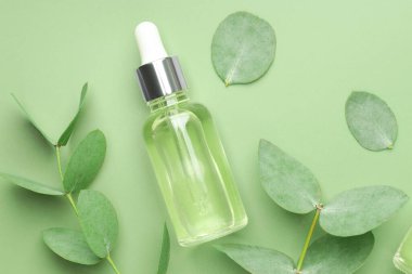 Yeşil arka planda bir şişe esaslı yağ ve okaliptüs yaprağı, düzlük.