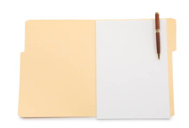 Kağıt dosya dizinini boş sayfa ve kalem ile beyaz, üst görünümde aç