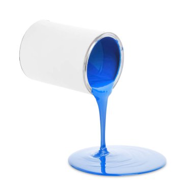 Blue paint flowing down from can on white background