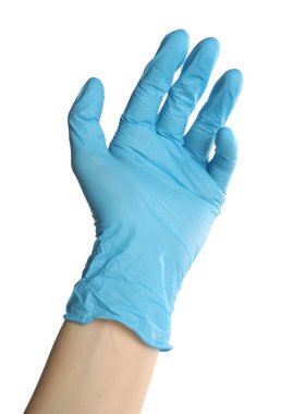 Beyaz arka planda tıp eldivenli doktor, yakın plan.