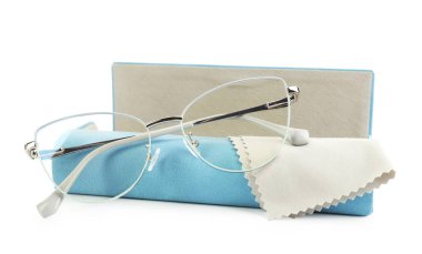 Case with stylish glasses and cleaning cloth isolated on white