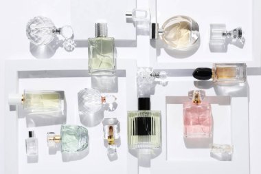 Beyaz arka planda farklı lüks parfümler, düz yatış