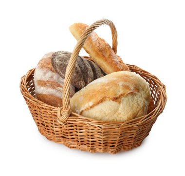 Sepetteki farklı somunlar beyaza izole edilmiş.