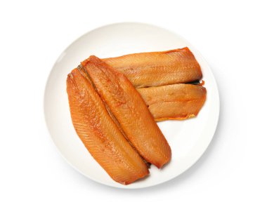 Lezzetli tütsülenmiş fileto balıklar beyaz, üst manzara