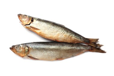 Beyaz arka planda iki lezzetli tütsülenmiş ringa balığı.