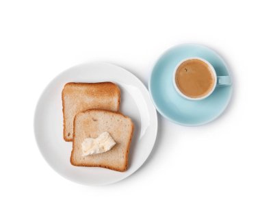 Lezzetli ekmek, tereyağlı ve kahveli, beyaz, üst manzara.