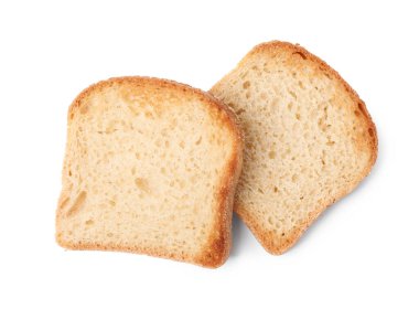 İki parça taze ekmek, beyaza izole edilmiş, üst manzara.