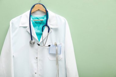 Açık yeşil arka planda asılı steteskop ve rozetli doktorun ceketi. Metin için boşluk