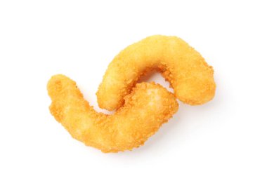 İki lezzetli tempura karidesi beyaza izole edilmiş, üst manzara.