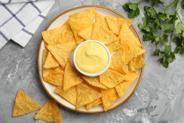 Lezzetli peynir sosu kasede, nacho cipsi ve maydanoz gri masada, düz yerde.