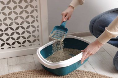 Kedi kumu kutusunu kepçeyle temizleyen kadın, yakın çekim.