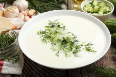 Tabakta lezzetli salatalık çorbası ve ahşap masada malzemeler, yakın plan.