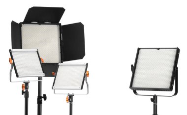 Profesyonel ışıklandırma ekipmanları beyaza izole edilmiş. Fotoğraf stüdyosu aracı