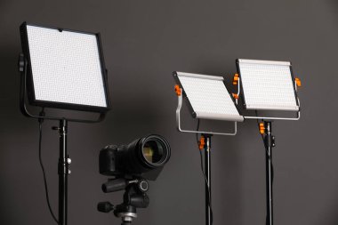 Profesyonel ışıklandırma ekipmanı ve gri arka planda kamera.