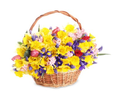 Beyaz sepetteki güzel renkli çiçekler.