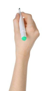 Beyaz arkaplanda çift taraflı işaretli kadın, yakın plan