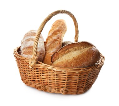 Sepetteki farklı somunlar beyaza izole edilmiş.