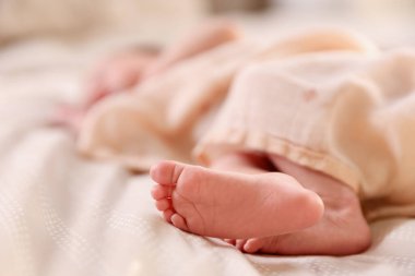 Küçük bebek yatağın içinde uzanıyor, yakın plan. Metin için boşluk