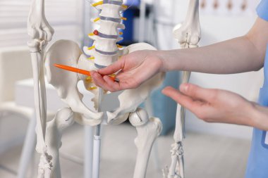 Doktor klinikteki insan iskeleti parçalarına işaret ediyor.