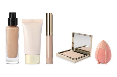 Sıvı temel, toz, sünger ve kapatıcı beyaz üzerine izole edilmiş, set