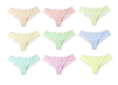 Beyaz arka planda farklı renklerde güzel kadın külotu, set