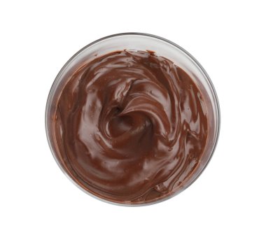 Lezzetli çikolatalı puding, beyaz, üst manzara.