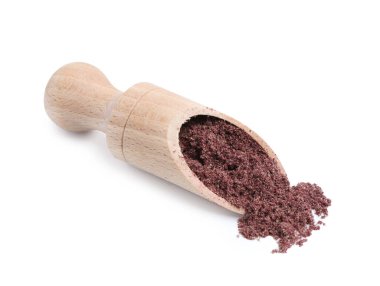 Süper yemek. Siyah kuş üzümü tozu beyaza izole edilmiş.