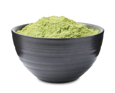 Süper yemek. Kasedeki buğday tozu beyaza izole edilmiş.