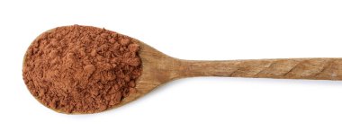 Süper yemek. Kakao tozu kaşığın içinde beyaza izole edilmiş, üst manzara