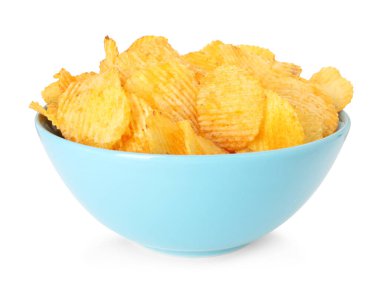 beyaz izole kase lezzetli patates cipsi