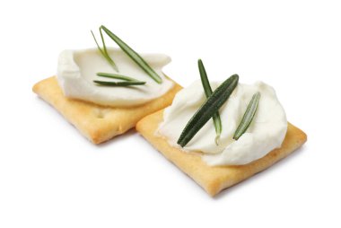 Krem peynirli ve biberiyeli krakerler beyaza izole edilmiş.