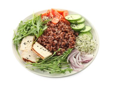 Lezzetli salata ve beyaz pirinç.