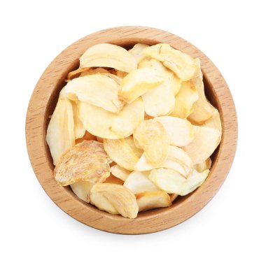 Kasede kurutulmuş sarımsak. Beyazın üstünde izole edilmiş.