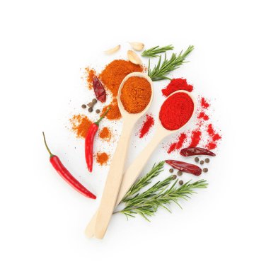 Beyaz, üst görünümde izole edilmiş farklı aromatik baharatlar