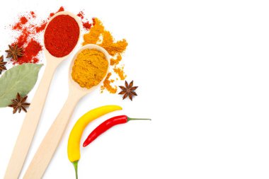 Beyaz, üst görünümde izole edilmiş farklı aromatik baharatlar